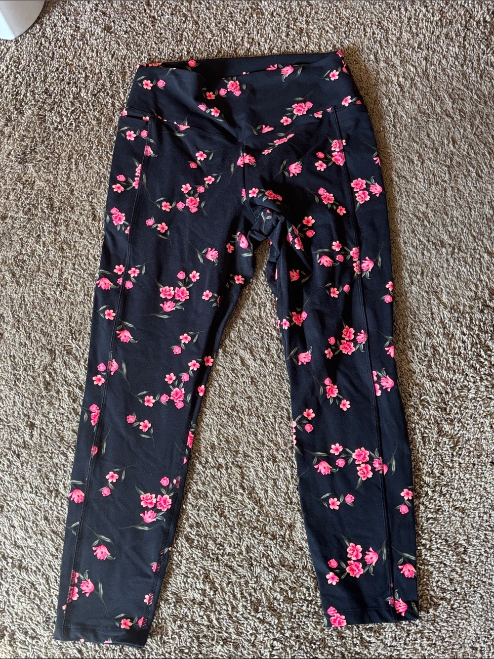 Women’s Black Floral Active Leggings with Pink Blossom Print